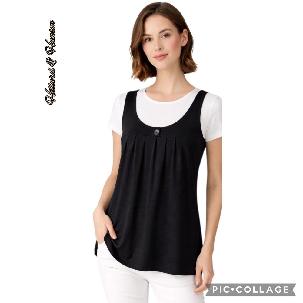 Hillard & Hanson black swing top sleeveless knit sweater gathered button sz lrg